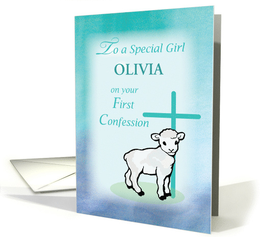 Girl Personalize First Confession Lamb and Cross card (1535976)
