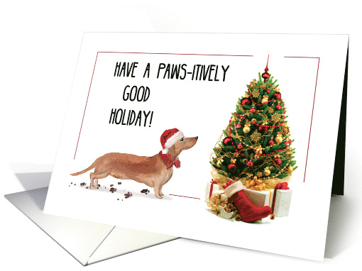Tan Dachshund Funny Christmas Dog with Tree card (1536632)