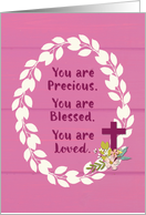 Baptism Girl Precious Blessed and Loved on Pink Wooden Look Background card