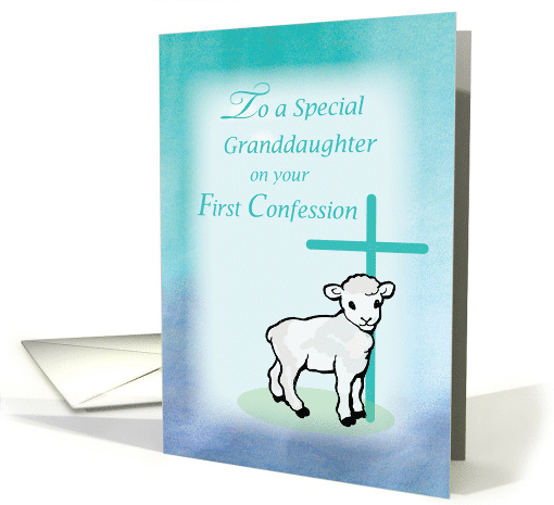 Granddaughter First Confession Lamb Cross on Teal and Purple card