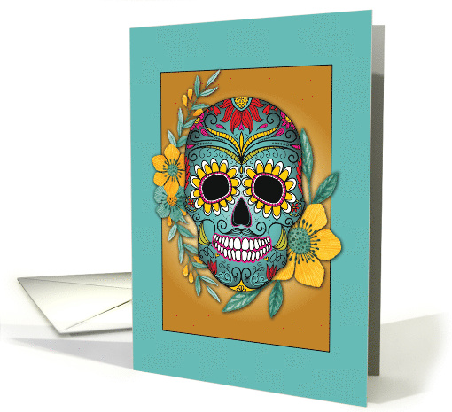 Day of the Dead Teal and Marigold Skull and Flowers card (1538676)