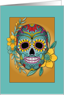 Day of the Dead Teal and Marigold Skull and Flowers card