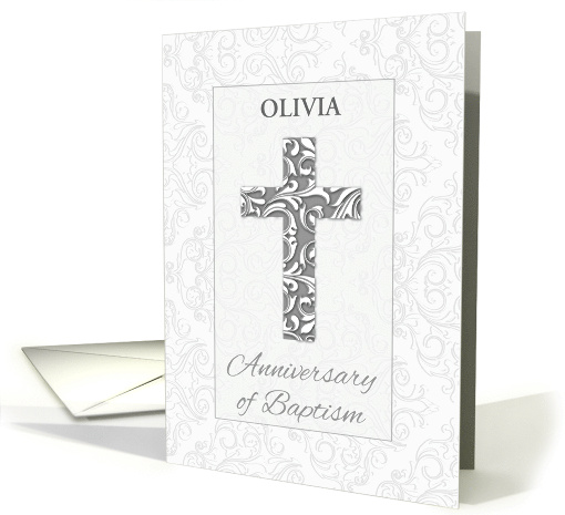 Custom Name Anniversary Baptism Blessings Cross with Swirls card