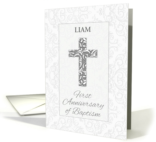 Custom Name First Anniversary Baptism Blessings Cross with Swirls card