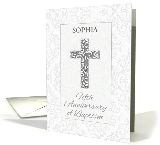 Custom Name Fifth Anniversary Baptism Blessings Cross with Swirls card