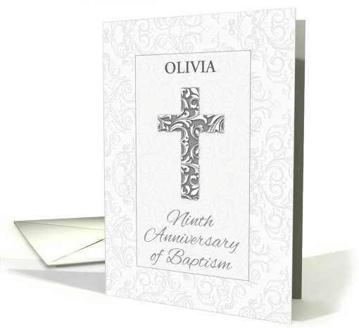 Custom Name Ninth Anniversary Baptism Blessings Cross with Swirls card