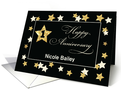 Custom Name First Employee Anniversary Black Gold Effect Stars card