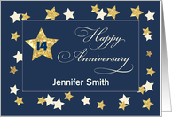 Custom Name and Year Fourteenth Employee Anniversary Navy Gold Effect card