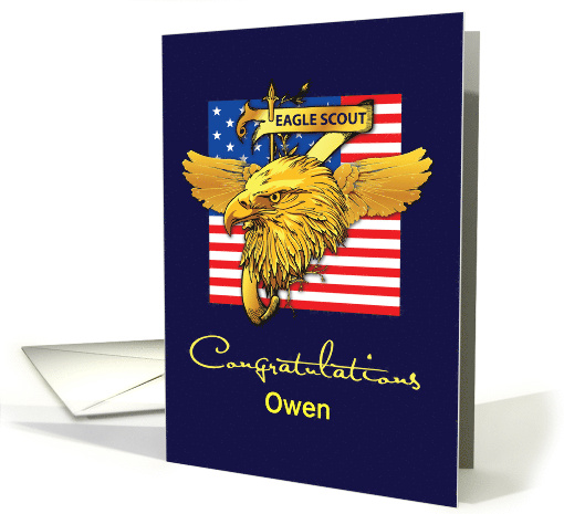 Custom Name Owen Eagle Scout Congratulations Gold Look Eagle Flag card