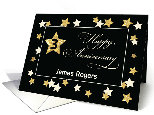 Custom Name Third Employee Anniversary Black Gold Effect Stars card