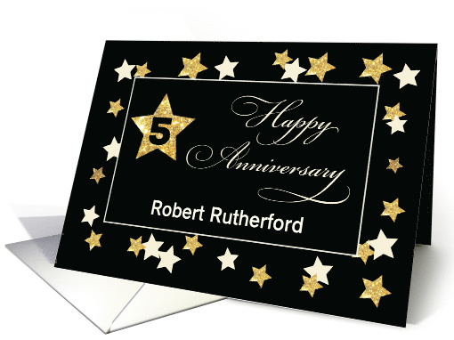 Custom Name Fifth Employee Anniversary Black Gold Effect Stars card