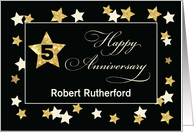 Custom Name Fifth Employee Anniversary Black Gold Effect Stars card