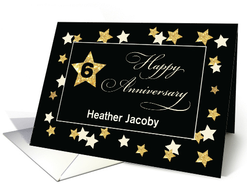 Custom Name Sixth Employee Anniversary Black Gold Effect Stars card