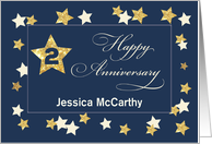 Custom Name Second Employee Anniversary Navy Gold Effect Stars card