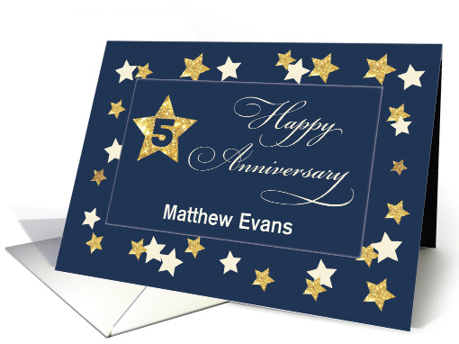 Custom Name Fifth Employee Anniversary Navy Gold Effect Stars card
