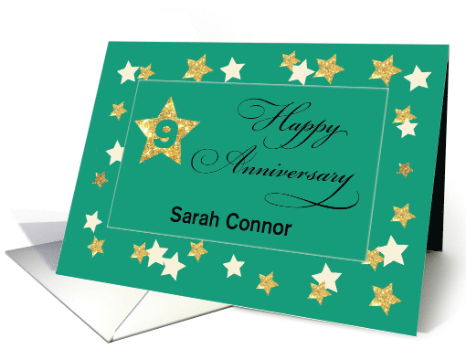 Custom Name Ninth Employee Anniversary Green Gold Effect Stars card