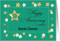 Custom Name Ninth Employee Anniversary Green Gold Effect Stars card