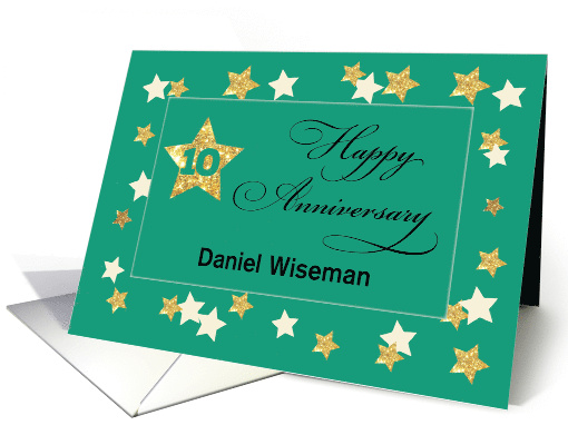 Custom Name Tenth Employee Anniversary Green Gold Effect Stars card
