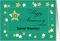 Custom Name Tenth Employee Anniversary Green Gold Effect Stars card