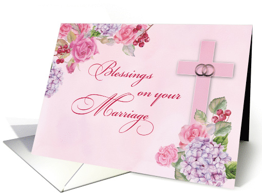 Wedding Congratulations Religious Rings Cross and Flowers card