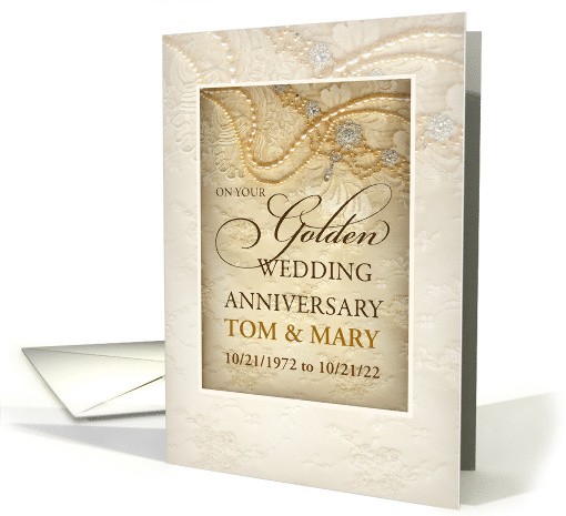 Customizable Golden 50th Wedding Anniversary Pearls and Lace card