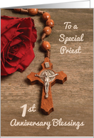 Priest 1st Ordination Anniversary Red Rose and Rosary card