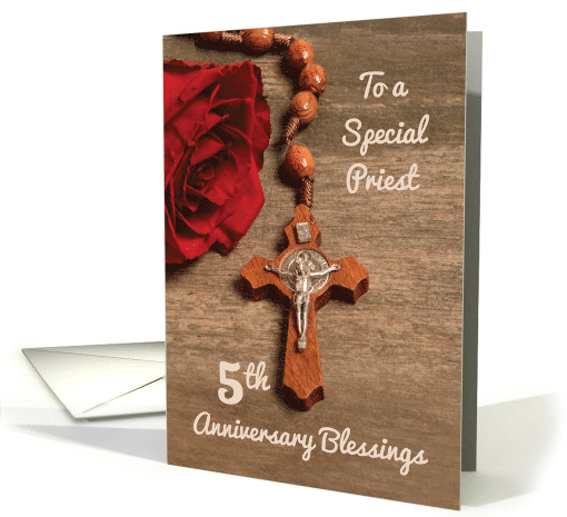 Priest 5th Ordination Anniversary Red Rose and Rosary card (1553214)