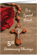 Priest 5th Ordination Anniversary Red Rose and Rosary card