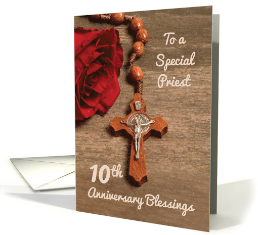 Priest 10th Ordination Anniversary Red Rose and Rosary card (1553216)