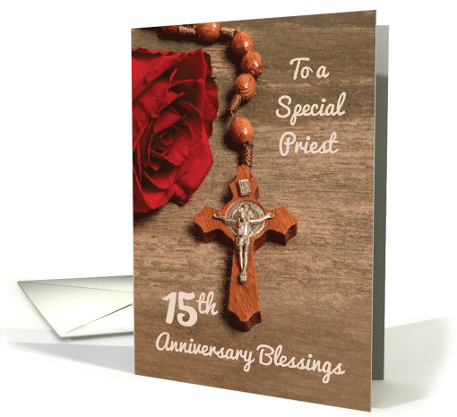 Priest 15th Ordination Anniversary Red Rose and Rosary card (1553218)