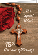 Priest 15th Ordination Anniversary Red Rose and Rosary card