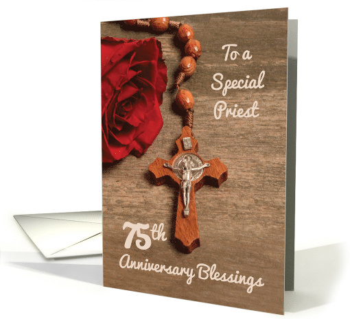 Priest 75th Ordination Anniversary Red Rose and Rosary card (1553256)