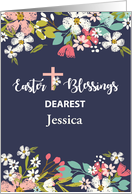 Custom Name Easter Blessings of Risen Christ Flowers on Navy Blue card