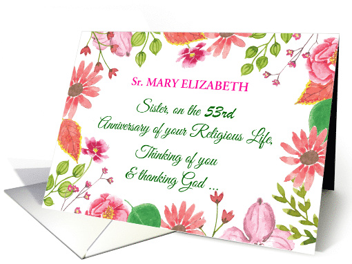 Custom Name and Year Nun Religious Jubilee Watercolor Flowers card