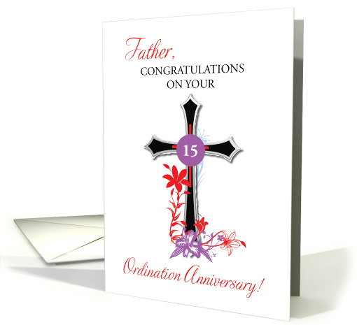 Priest 15th Ordination Anniversary Black Cross with Red Swirls card