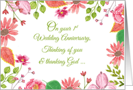 Religious 1st Wedding Anniversary Watercolor Flowers card