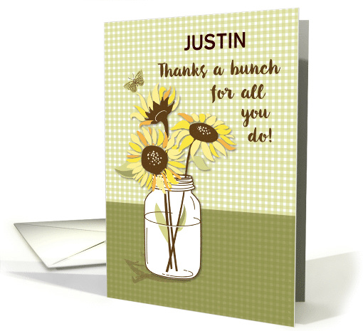 Bosss Day Custom Name Justin with Sunflowers in Mason Jar card