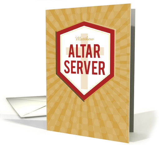 Custom Name Altar Server Congratulations Starburst and Shield card
