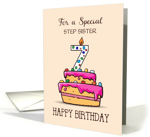 Custom Relation Step Sister 7th Birthday 7 on Sweet Pink Cake card