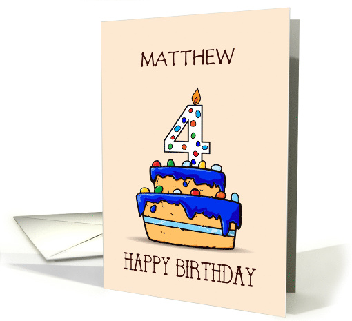 Custom Name Matthew 4th Birthday 4 on Sweet Blue Cake card (1583868)