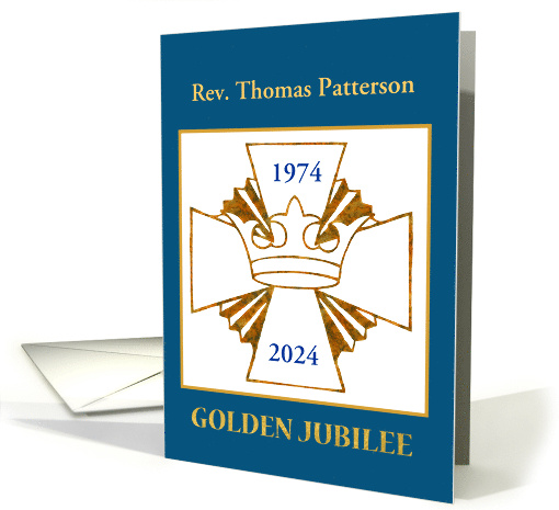Golden Jubilee Customizable Name Gold Crown with Blue Background card