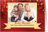 Christmas Photo Custom Name Red with Gold Stars card