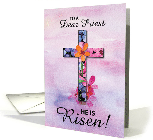 Priest Easter He is Risen Cross Watercolor Flowers card (1594006)
