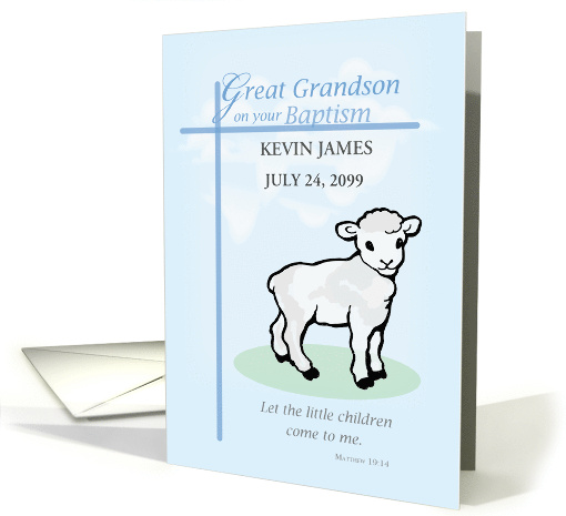 Great Grandson Custom Name and Date Baptism Blue Lamb card (1627554)