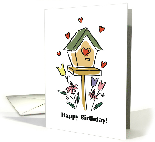 Happy Birthday with Bird House Heart and Flowers Congratulations card