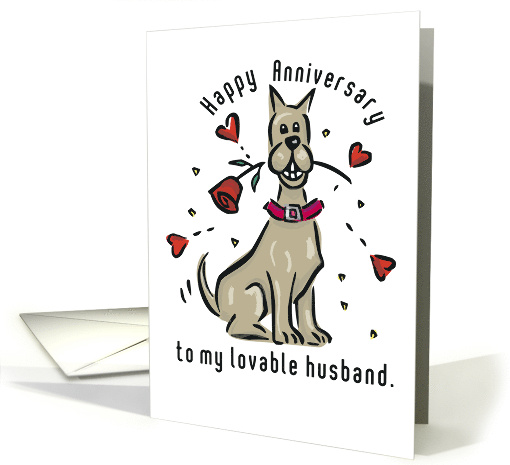 Happy Anniversary to Lovable Husband Dog with Red Rose and Hearts card