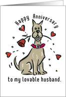 Happy Anniversary to Lovable Husband Dog with Red Rose and Hearts card