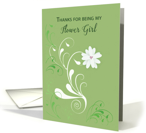 Flower Girl Thank You with White Flower and Pink Heart on Green card