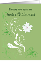 Junior Bridesmaid Thank white Flower Swirl with Heart on Green card