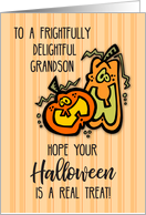 Grandson on Halloween with Orange Pumpkins card